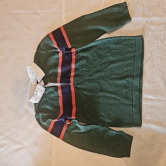 Janie and Jack Rugby Sweater green orange strip w blue, Juniper Green - Picture 3 of 6
